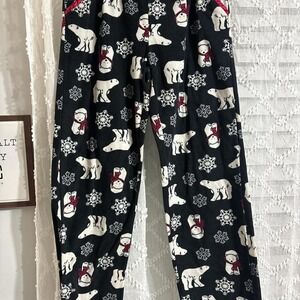 Mens Polar Bear Snowflake Fleece Pajama Pants Black Holiday Lounge Bottoms Small